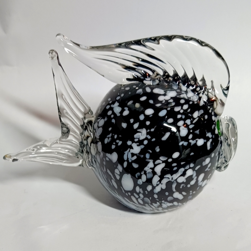 Arte Murano Icet Glass Blown Fish~ Milifori Eyes~Black with White Speckles